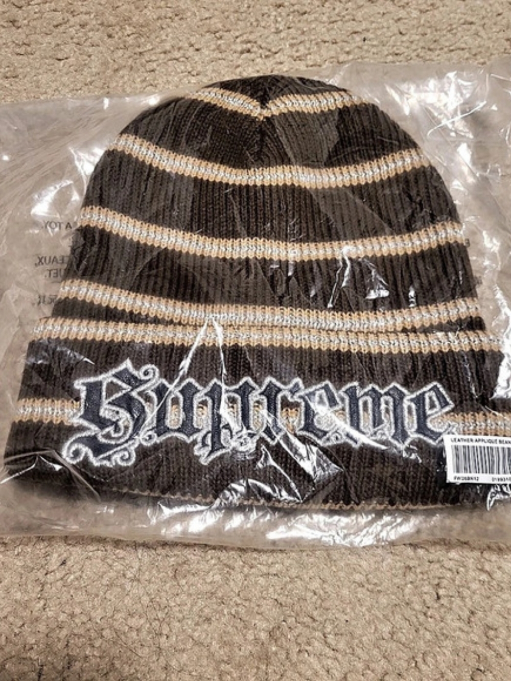 Supreme Metallic Stripe Leather Applique Beanie Brown & White Beanie NWT